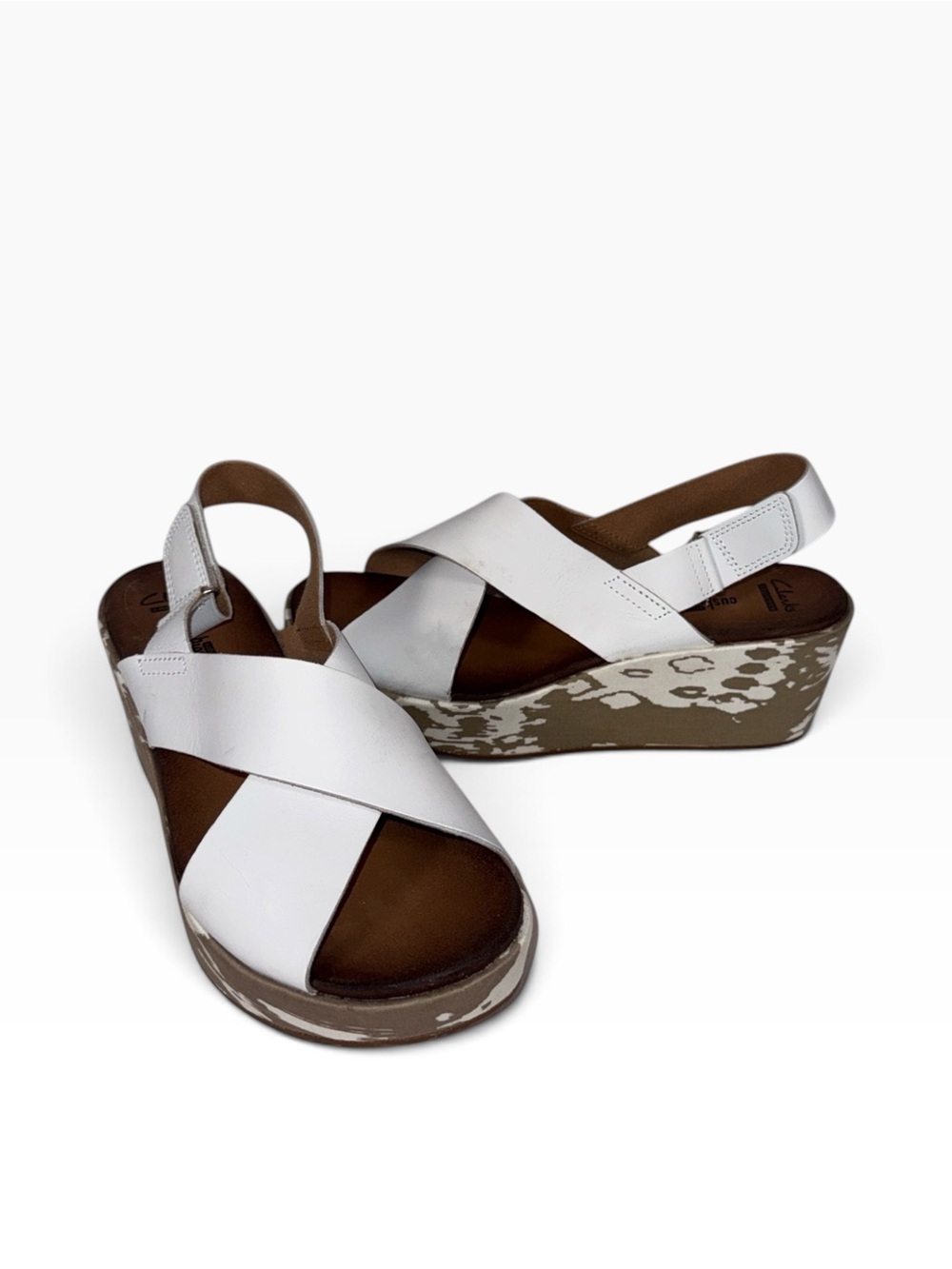 Clarks White Leather Crisscross Wedge Sandals